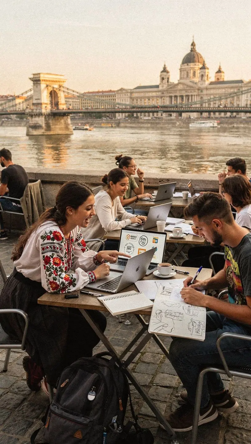 Grafikai tervező diákok, akik logókat terveznek egy kreatív műhelyben.
