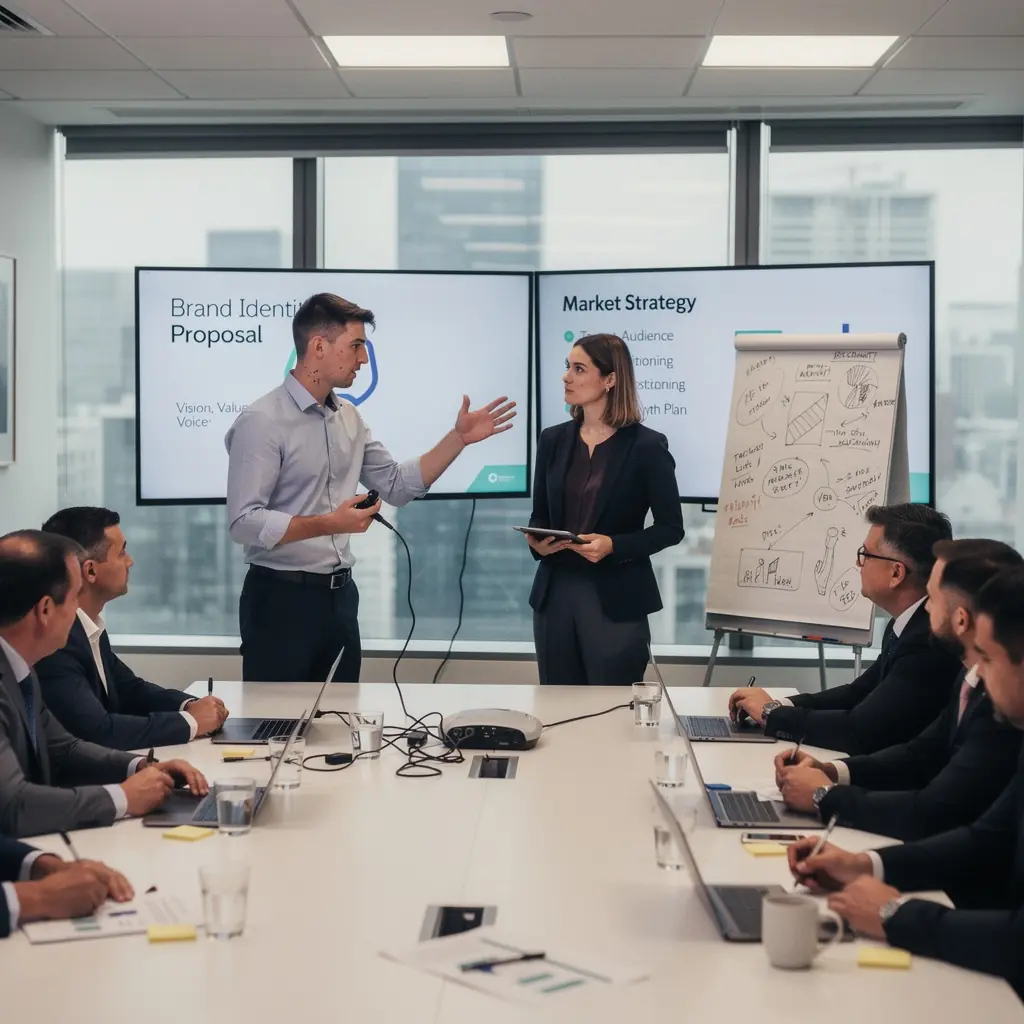 Diákok, akik együtt dolgoznak a márka arculatának tervezésén, színes anyagokkal.