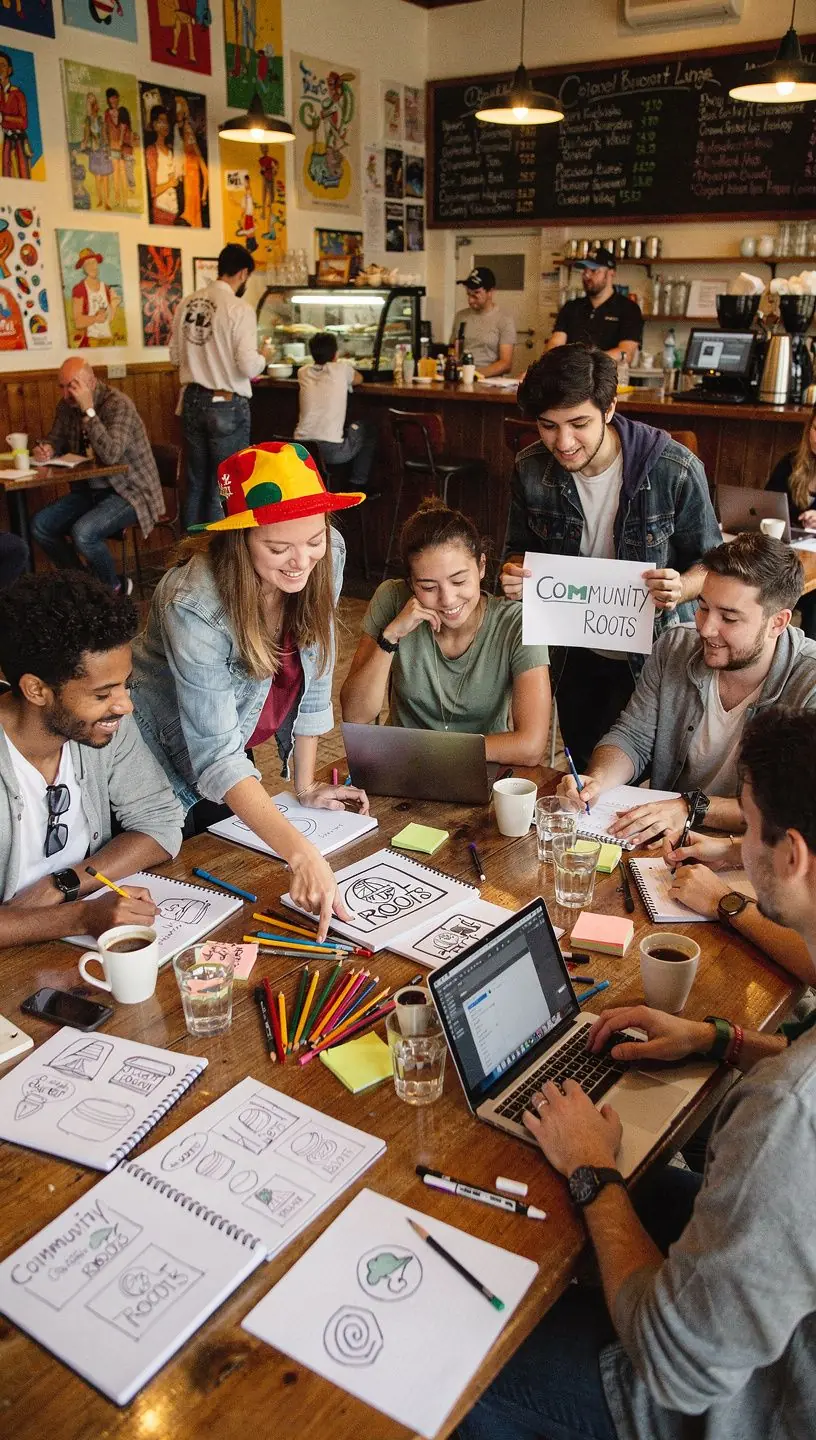 Diákok, akik együtt dolgoznak a márka arculatának tervezésén, színes anyagokkal.