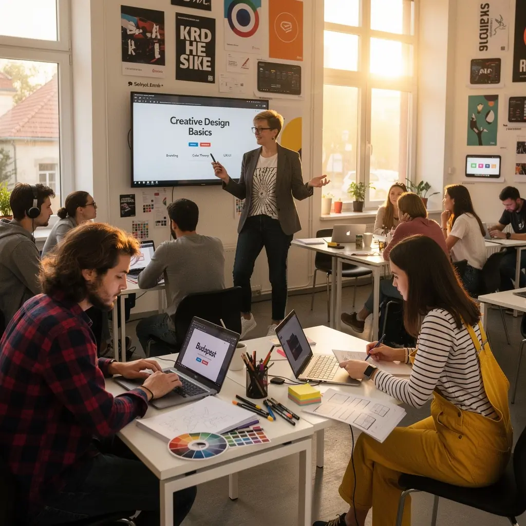 Diákok, akik együtt dolgoznak a márka arculatának tervezésén, színes anyagokkal.