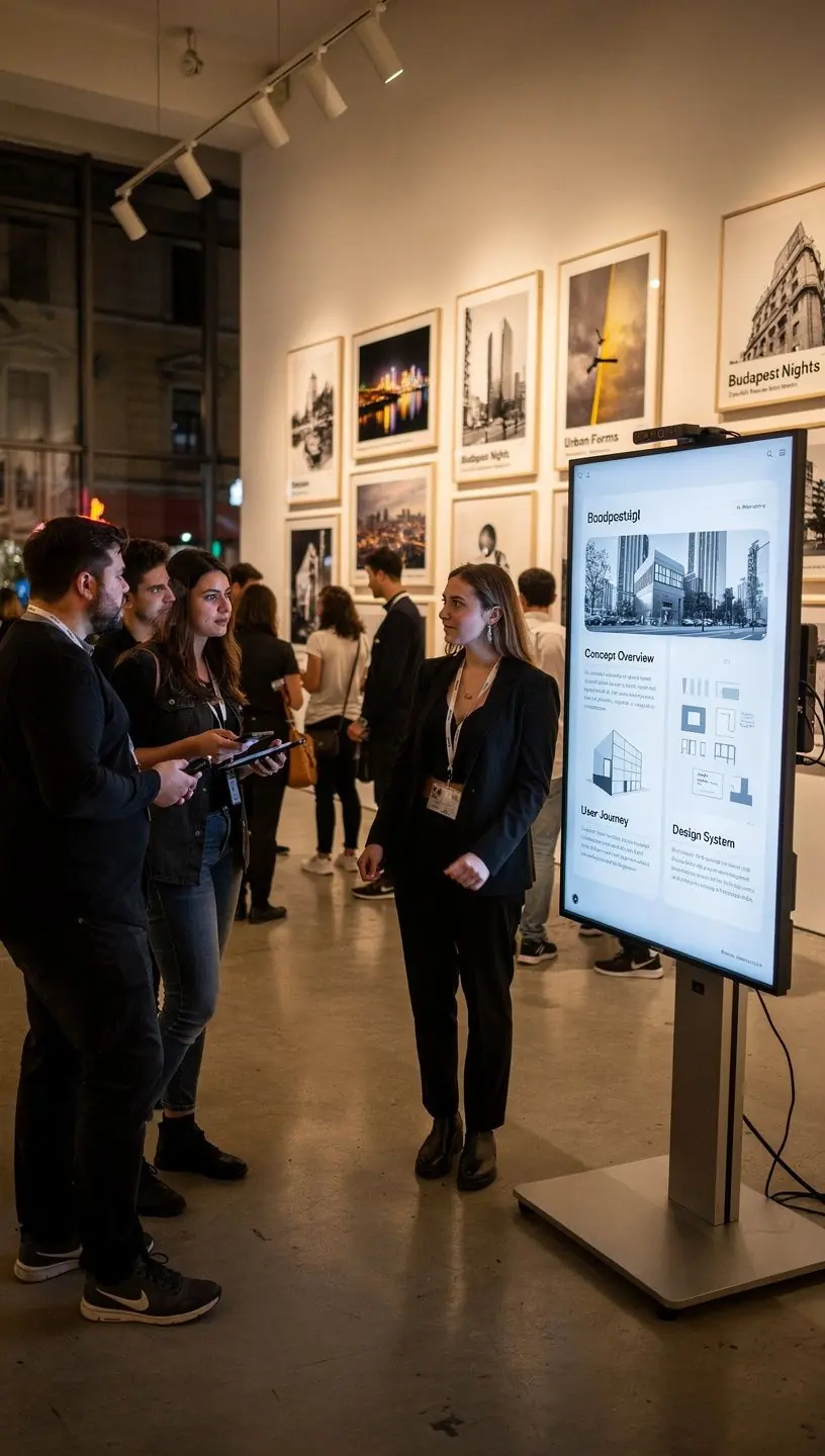 Diákok, akik együtt dolgoznak a márka arculatának tervezésén, színes anyagokkal.