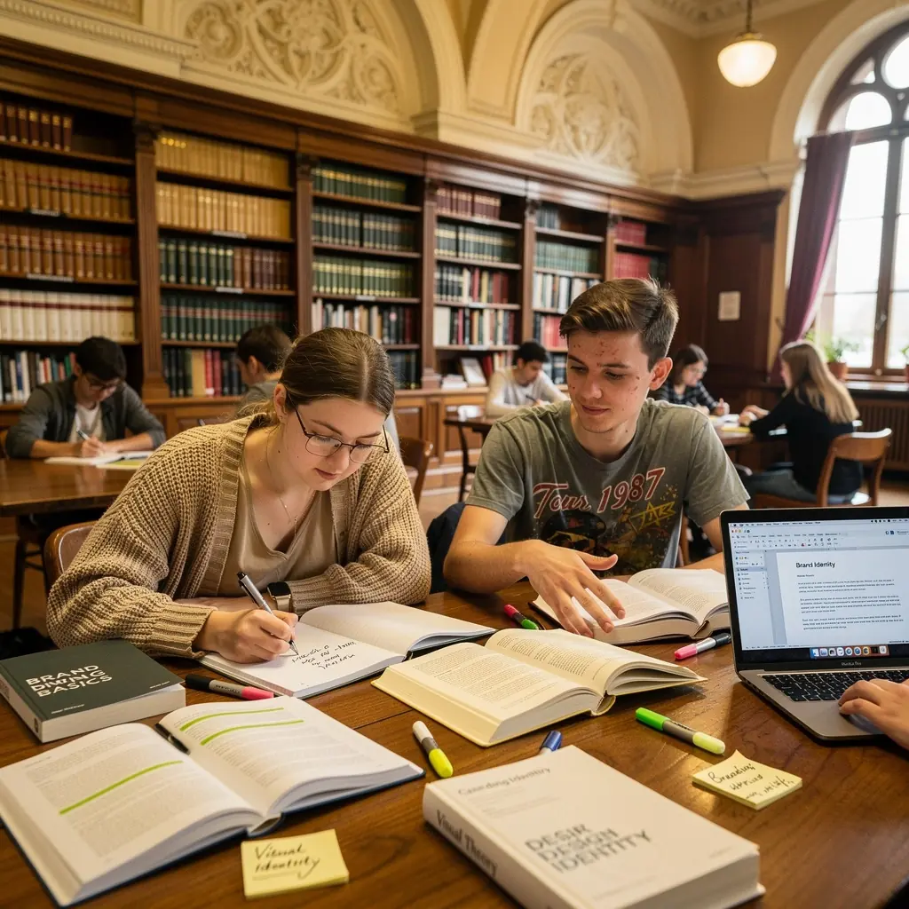 Diákok, akik együtt dolgoznak a márka arculatának tervezésén, színes anyagokkal.