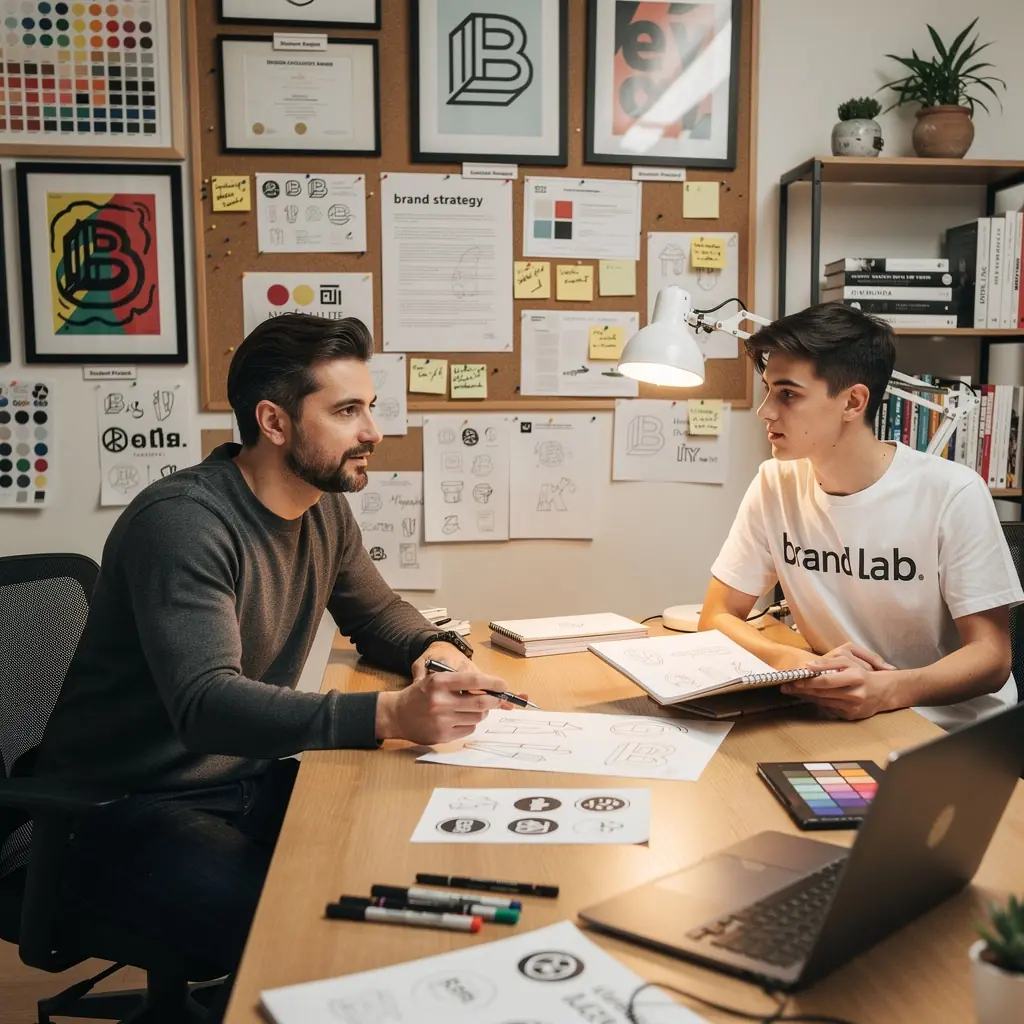 Diákok, akik együtt dolgoznak a márka arculatának tervezésén, színes anyagokkal.