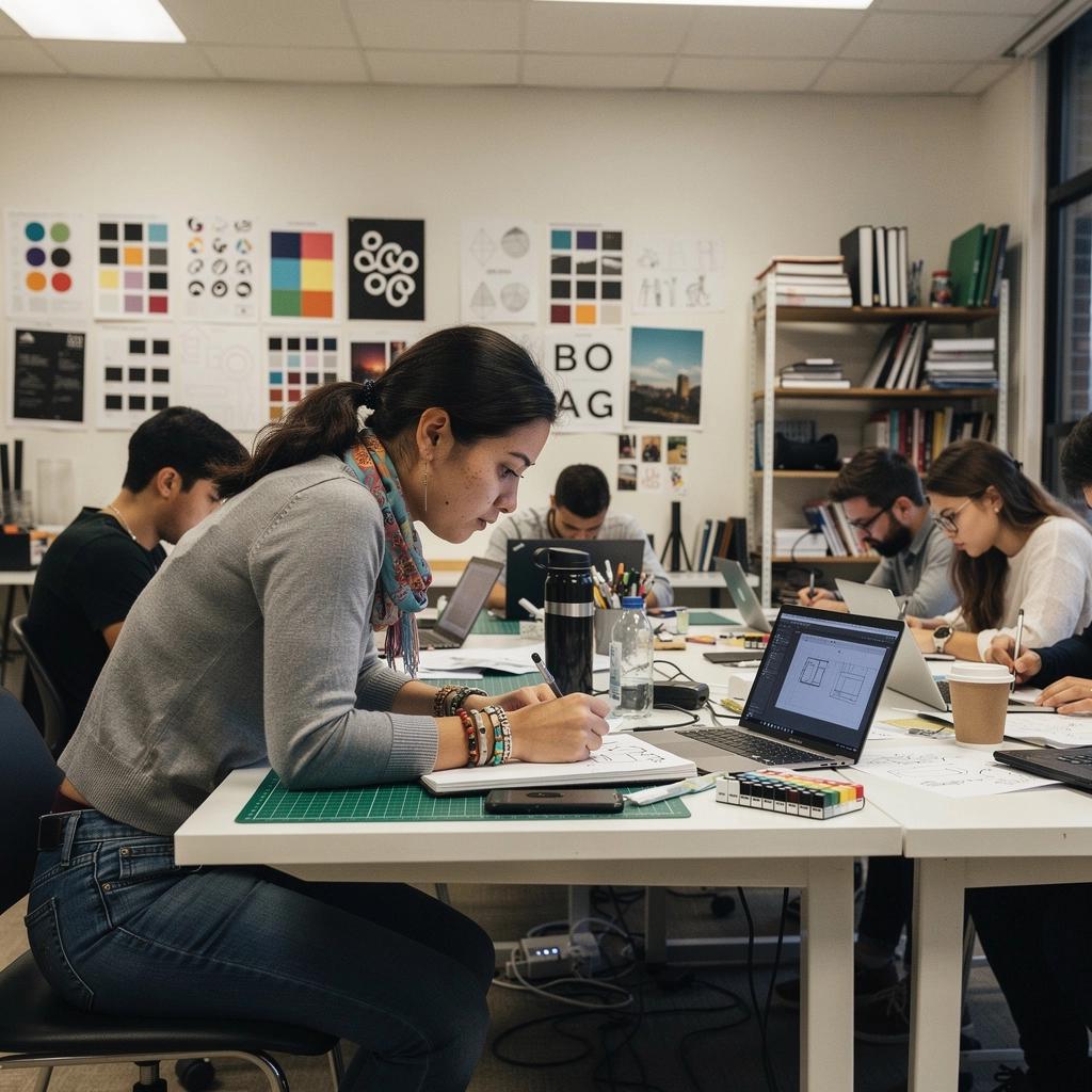 Egy inspiráló grafikai tervező stúdió, tele színes anyagokkal és eszközökkel.